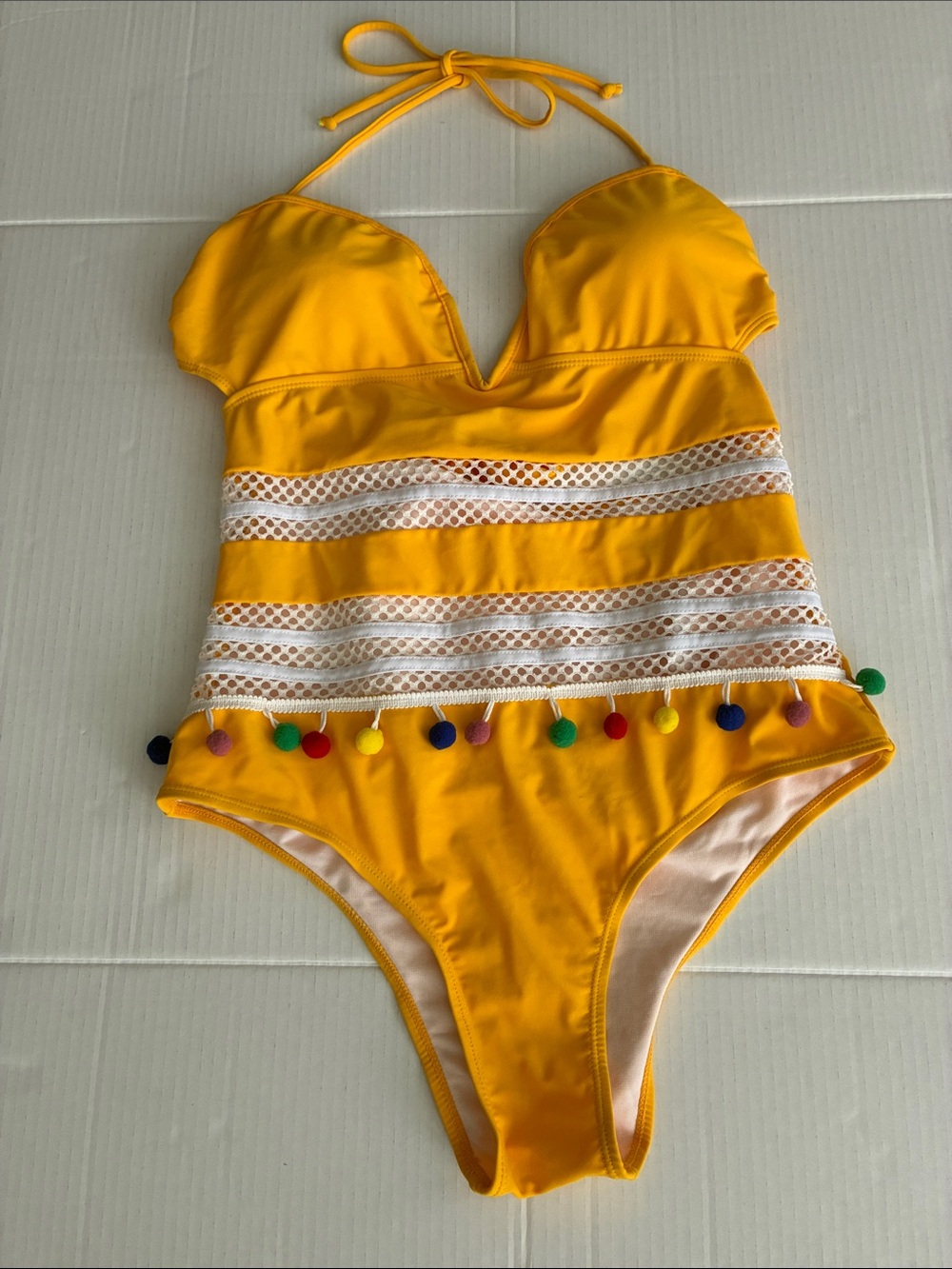 One Piece Swimsuit Open Mesh Pom Poms SZ XL Yellow Like New!